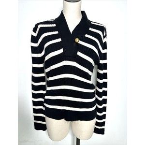 Ralph Lauren Black & White Ribbed V-Neck Sweater Striped Large